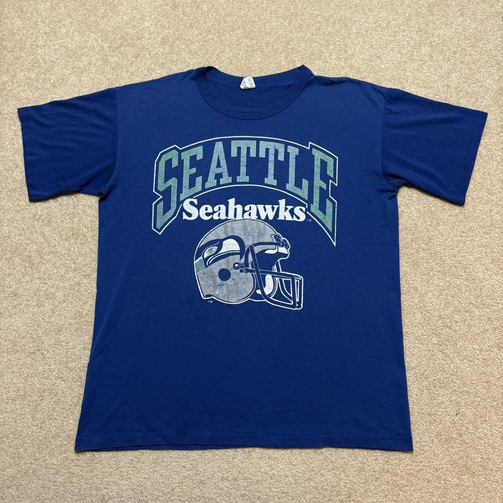 Vtg Seattle Seahawks Shirt Mens Large Blue NFL Football Helmet USA 80s Champion‎